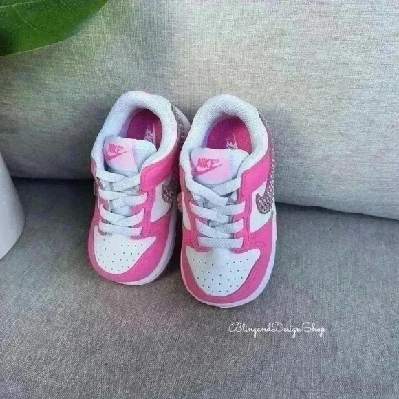 Bling Nike Girls Dunk Low Baby Toddler Pink Sneakers Shoes Custom with Crystals - Picture 4 of 8